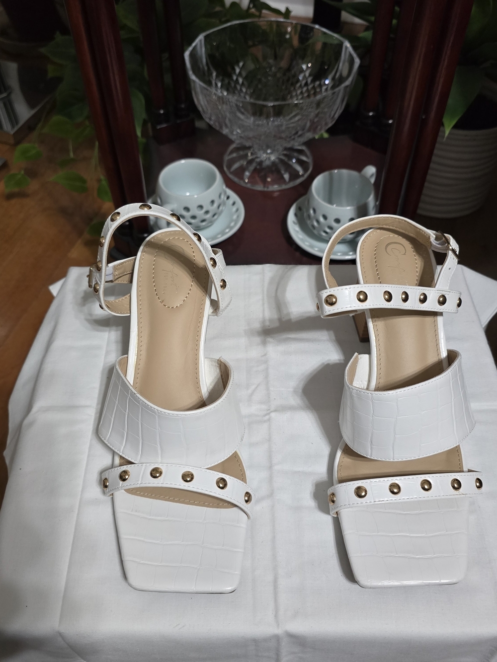 White Studded Mid-Block Heel Sandals for Women